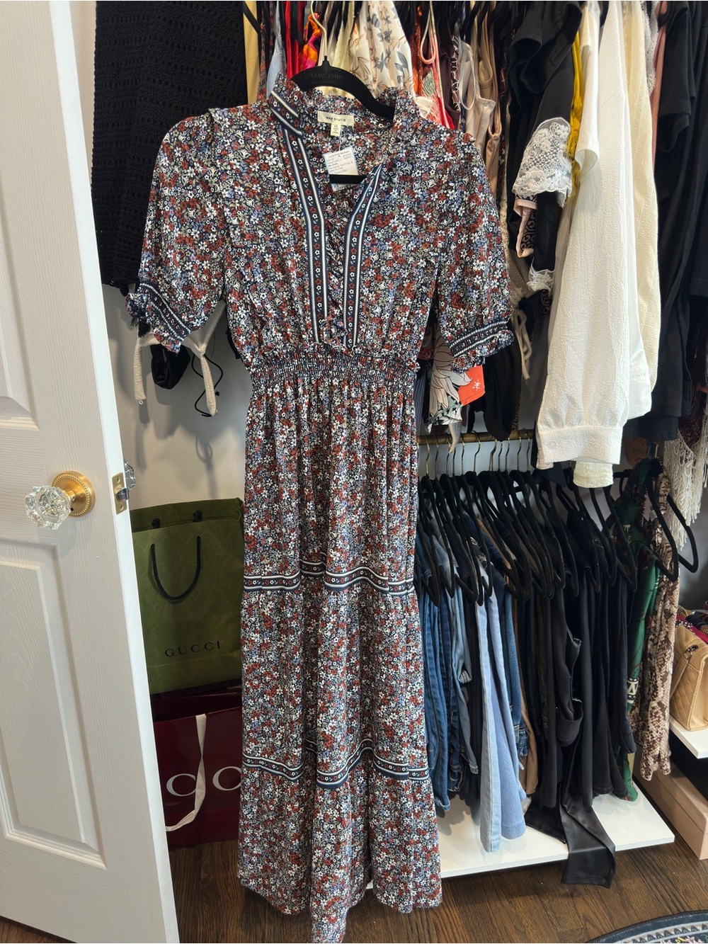Floral Shirred Waist Maxi Dress - Brown Floral